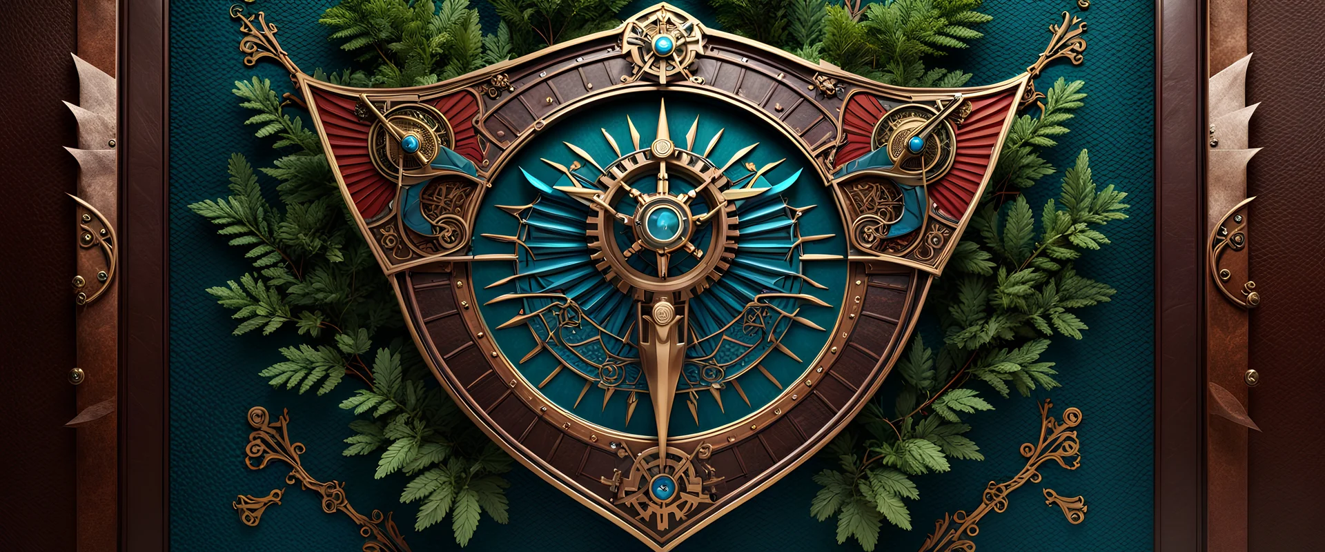 High-end hyperrealism symmetrical Steampunk ARD logo ((logo ARD)) swords and shield shape, inspired cinematic photography, symmetry forest alley background, Aesthetic combination of sage green and blue metallic and honey red, Vintage style with brown pure leather accents, Art Nouveau visuals with Octane Render 3D tech, Ultra-High-Definition (UHD) cinematic character rendering, Detailed close-ups capturing intricate beauty, Aim for hyper-detailed 8K