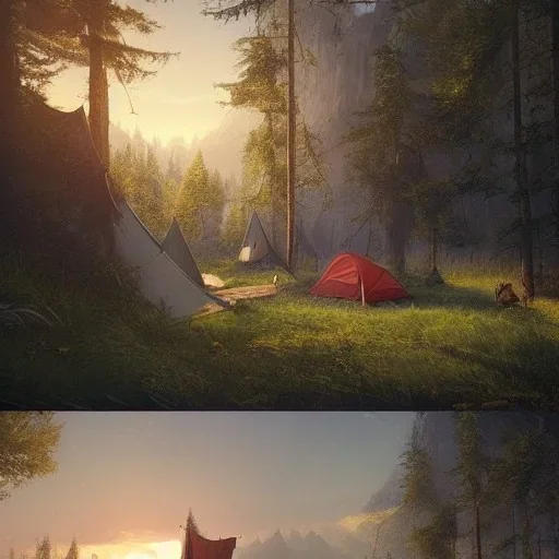 highly detailed campsite on lakeside, illustration, cinematic lighting, 4k, 8k, octane render, digital concept art, greg rutkowski, trending on artstation, pinterest, extremely detailed, ambient lighting.