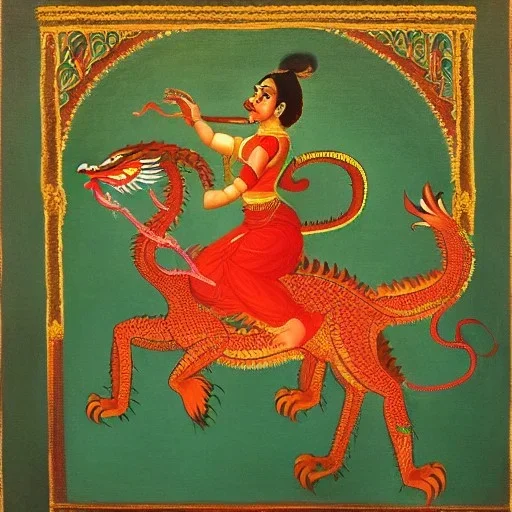 bramha riding a dragon in ravi varma painting style