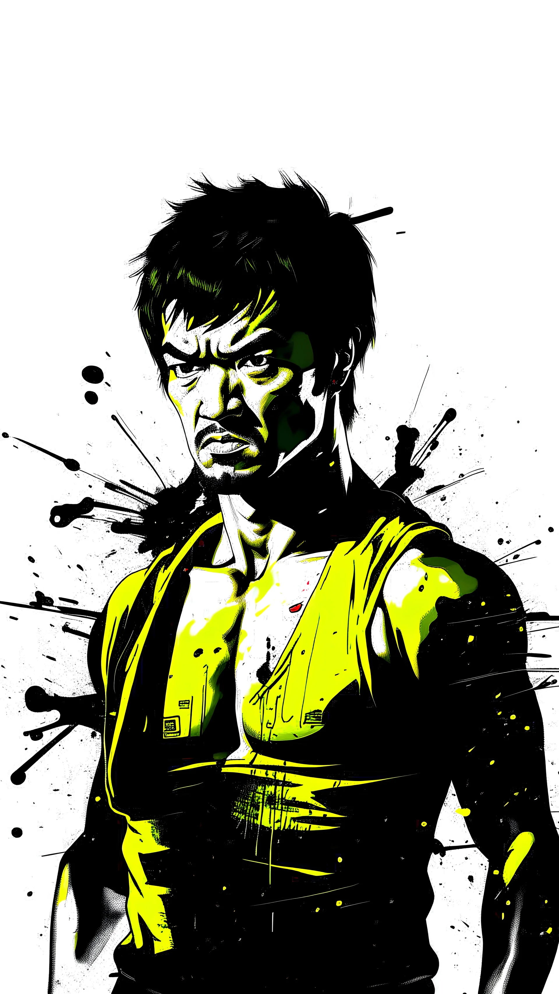 fight club movie style Bruce Lee superhero, infill lighting. Center this artwork on a pure white background, ensuring the entire image is fully visible, with no cropping