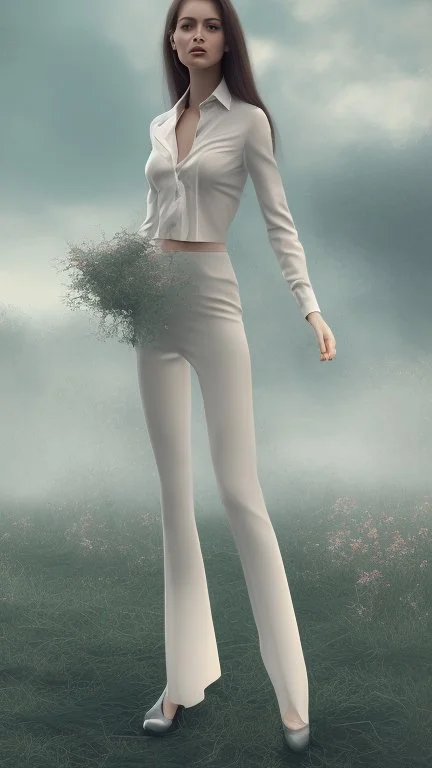 full body shot of a pretty woman, dressed in white shirt, full body portrait, nice perfect face with perfect face, hyper realistic concept, 8k resolution, photography quality, posing for a photo, photo realistic, standing in country side with a small river,nice cloudy sky