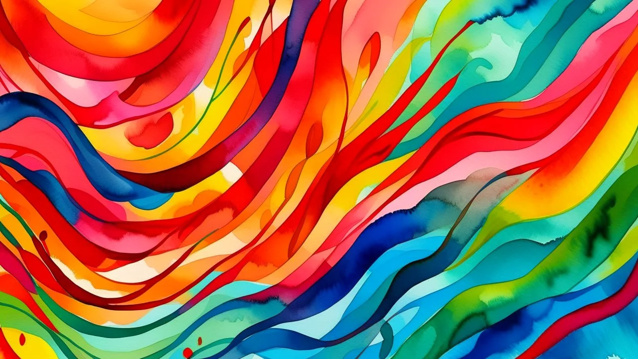 Arte abstracto en estilo acuarela vibrante, con patrones ondulantes y colores audaces.