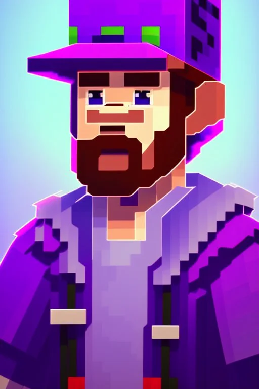 a portrait of a purple Minecraft guy, cute, farmer look, 2d, large pixel style