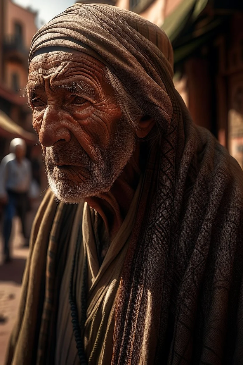 Berber man, detailed, hyper realistic, aged around 60, with weather-beaten face etched with lines of wisdom, sporting traditional Moroccan robe (djellaba), walking amidst the bustling streets of Marrakech.