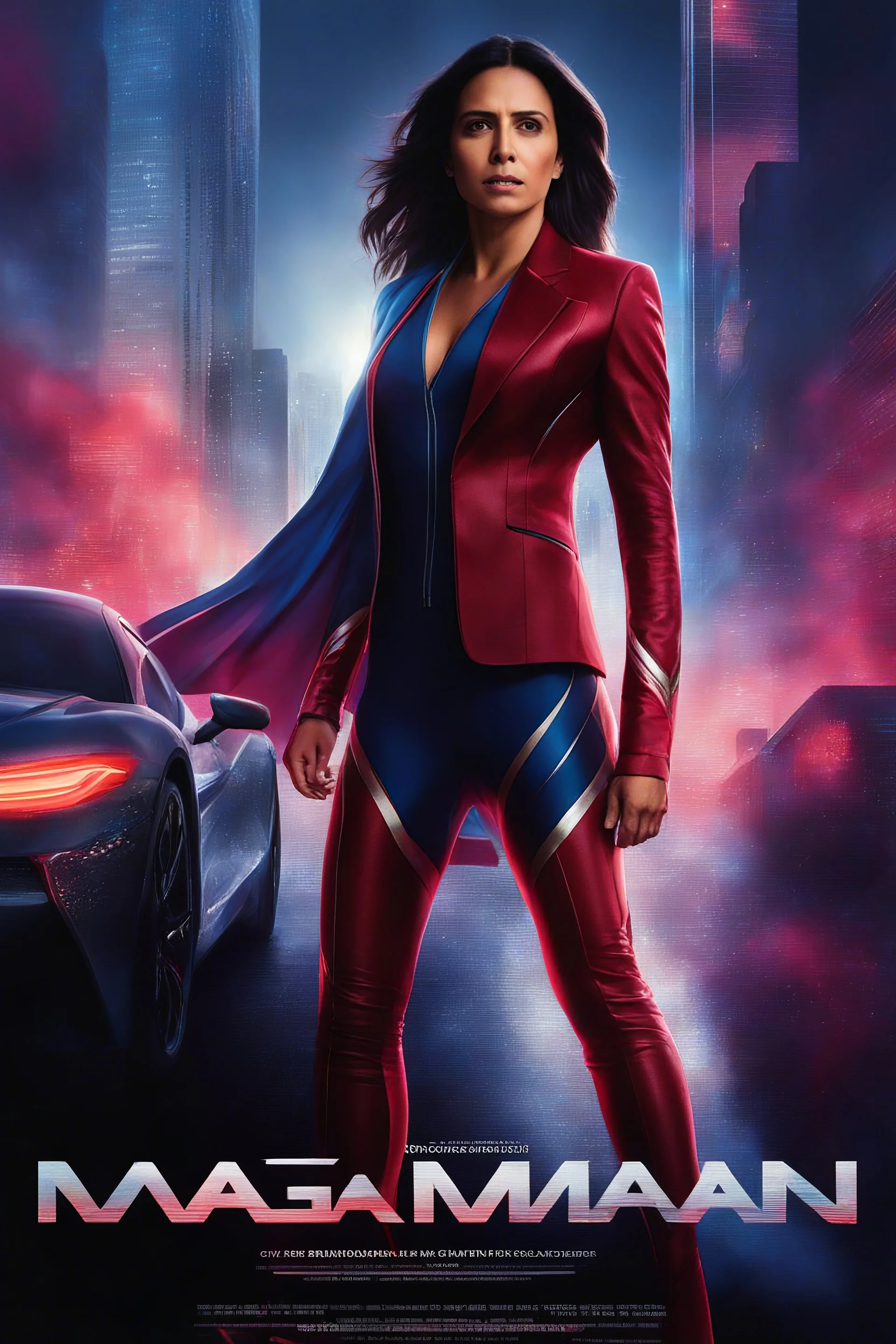 chiaroscuro, deep shadows, masterpiece, rich deep colors, highly detailed, movie poster - "MAGA MAN" starring Tulsi Gabbard as Lady Maga, Extremely Muscular, Skintight, formfitting, maroon and cobalt female suit with short skirt, Blue cape, Silver boots, multicolored Lightning, Multicolored vortex, neon lit futuristic cityscape, mist, fog