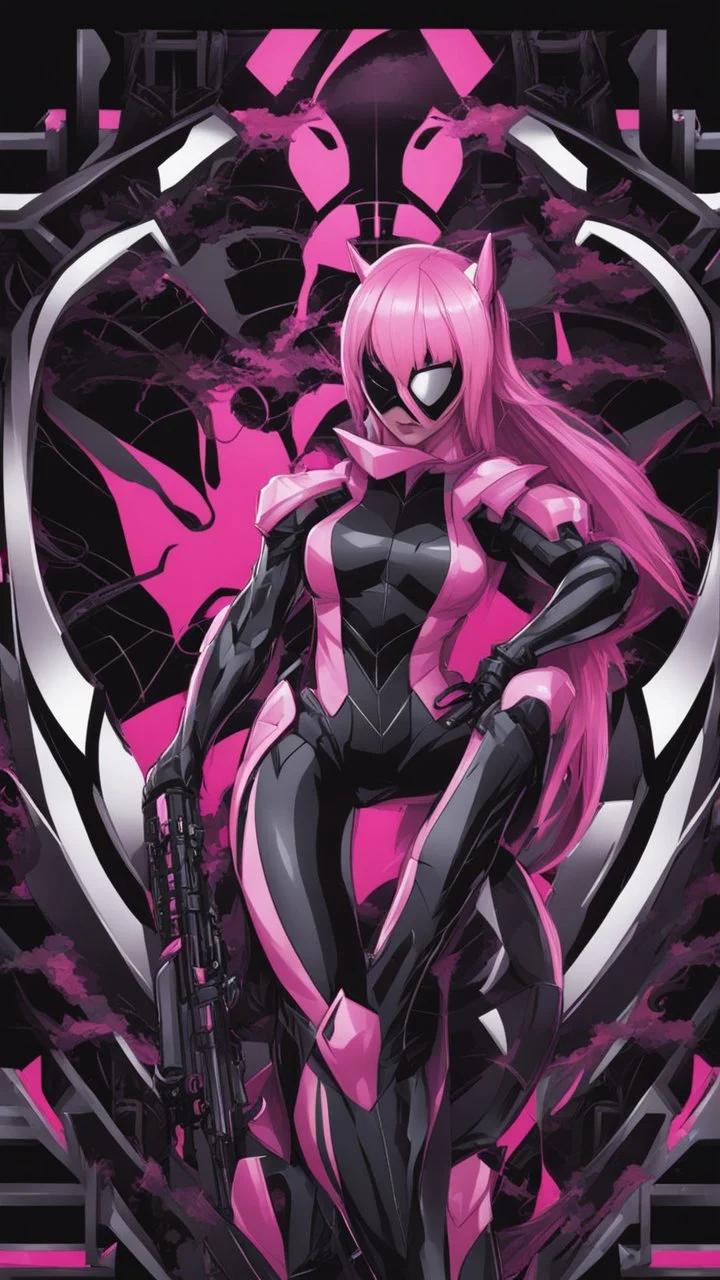 A close picture to Mix between gwenpool and symbiote, symbiote venom with transformers, high details machine, pink and black custom, intricate details, highly detailedin in solo leveling shadow art style