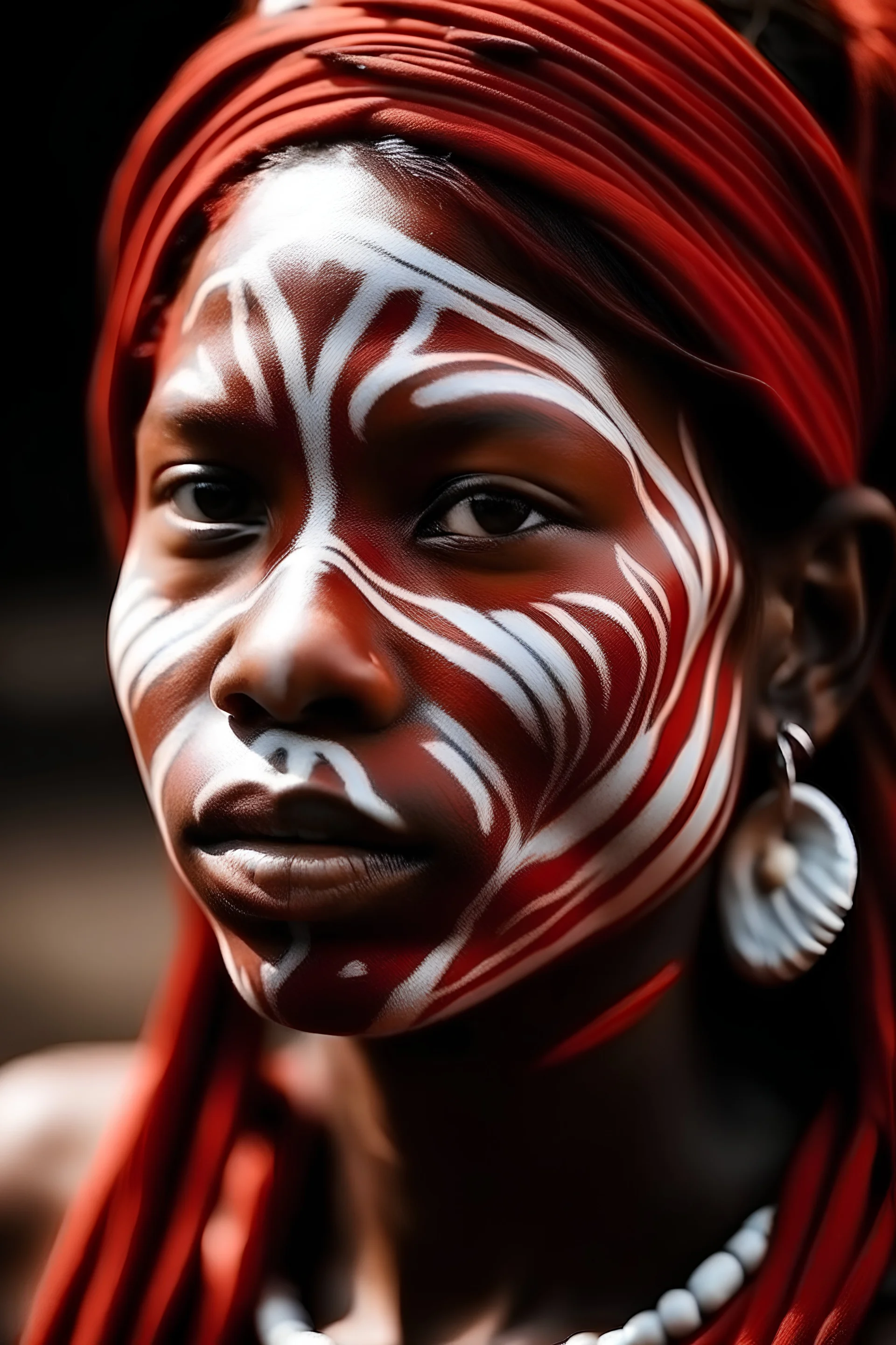 Lady with red skin and white facial markings