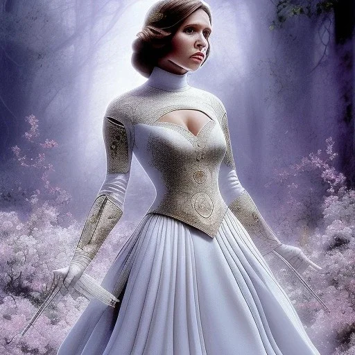 pltn style, beautiful photorealistic carrie fisher, hazel iris, tall, slender, long hair, smooth, flawless skin, deep, mysterious eyes, white gown, intricate beading, sparkling jewels, diamonds, rubies, regal, dignified, graceful, fluid, ethereal quality, light steps, roses, jasmine scent, shimmering light, spirit, hope, joy, mortal, extraordinary beauty, charm, mystery, legend, fascination, cute big circular reflective eyes, Pixar render, unreal engine cinematic smooth, intricate