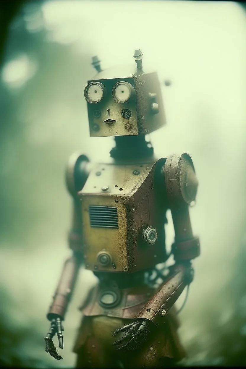 steampunk, vintage analog polaroid of a woman robot, female body, fog, lomography, heavy film grain, rain, color bleed, depth of field, bokeh, retro