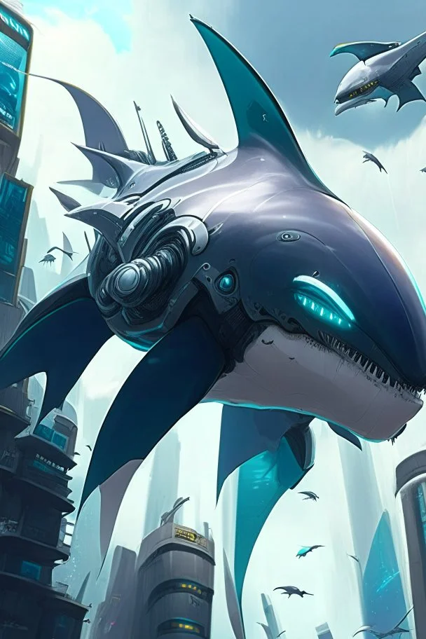 a picture of cyber shark that is flying in the city, cyborg whale, anno 2070, modern mecha anime, aeromorph, stunning sci-fi concept art, male robotic anthro orca, robotic anthro dolphin, cgsociety ), mecha anthropomorphic penguin, from arknights, cool mecha style, futuristic art style, mecha art