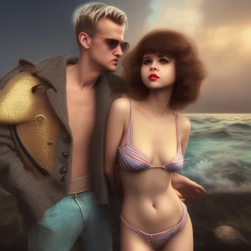 Aaron Carter with sexy Clara Bow, stormy seas, two people, Aaron Carter, romance, romantic, water, swimming, DAZ3D, by Michael Turner, soft lips, cinematic lighting, studio lighting, shine, 4K, fantastic view, girls at beach with her.