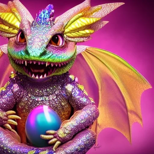 cute, adorable baby dragon made of crystals and gems, glittery scales, iridescent wings, round belly, luminous eyes, sitting on a cloud of cotton candy, muted rainbow colors, intricate, fine detail, 8k, sharp, crisp, high-quality, 3d octane render, brian froud, howard lyon, selina french, anna dittmann, lisa parker, greg rutowski, alphonse mucha