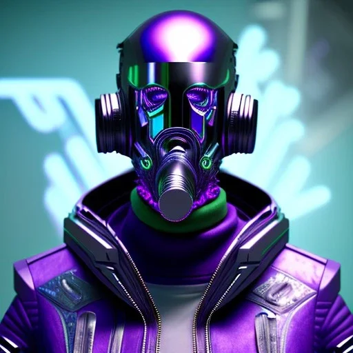 cyberpunk purple masked villain in galaxy, teal and purple smoke, detailed, realistic, 4k