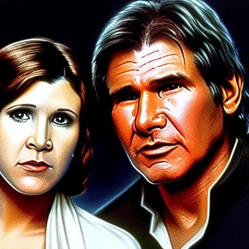 middle-aged carrie fisher embracing harrison ford in star wars, waist up portrait, photorealistic faces, intricate, masterpiece, expert, insanely detailed, 4k resolution, cinematic smooth, intricate detail , soft smooth lighting, soft pastel colors,