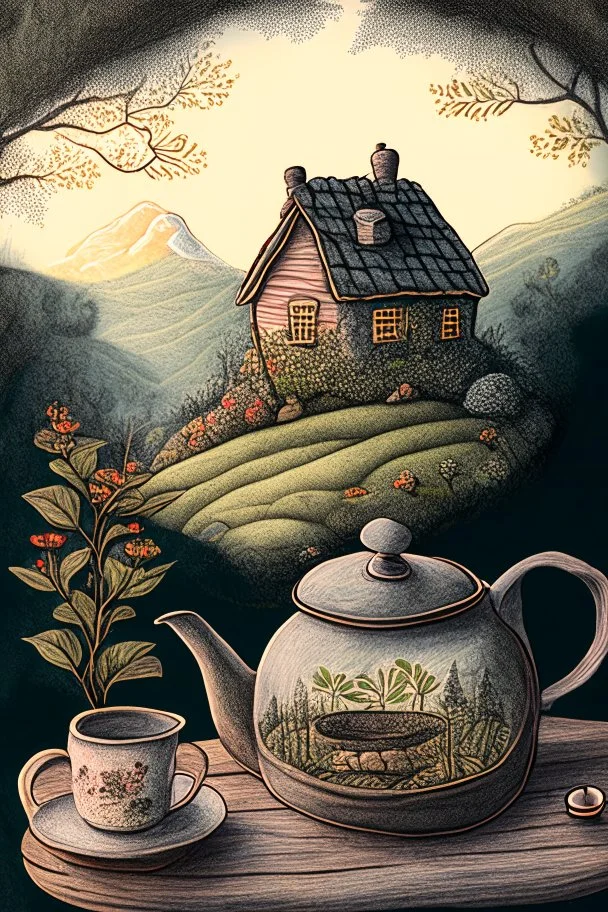 Cozy vibes drawing art tea pot, gardeners home scene in tea pot with Appalachia in the background