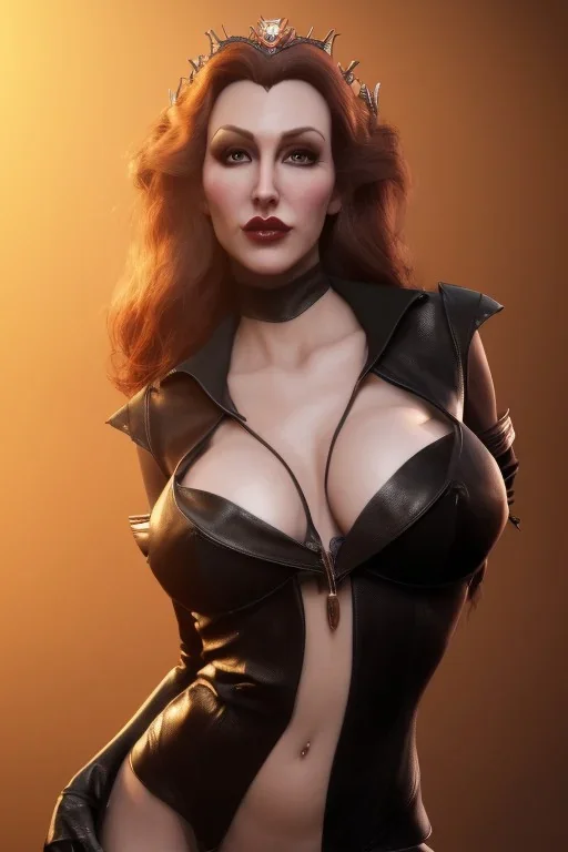 Brandi Love as evil queen in black leather, leather, busty, cleavage, angry, stern look. character design by cory loftis, fenghua zhong, ryohei hase, ismail inceoglu and ruan jia. unreal engine 5, artistic lighting, highly detailed, photorealistic, fantasy