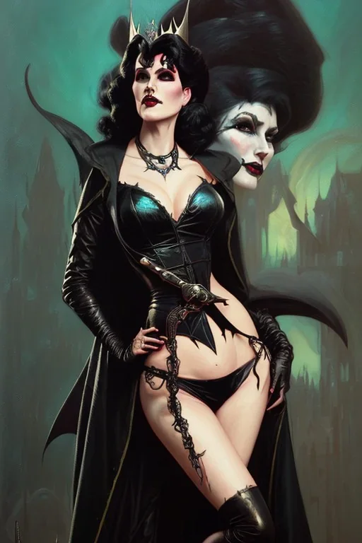 painting of morrigan hel as evil queen in black leather gown, feminie, angry, stern look on her face, emperious, highly detailed, digital painting, artstation, concept art, smooth, sharp focus, illustration, art by gaston bussiere and alphonse mucha