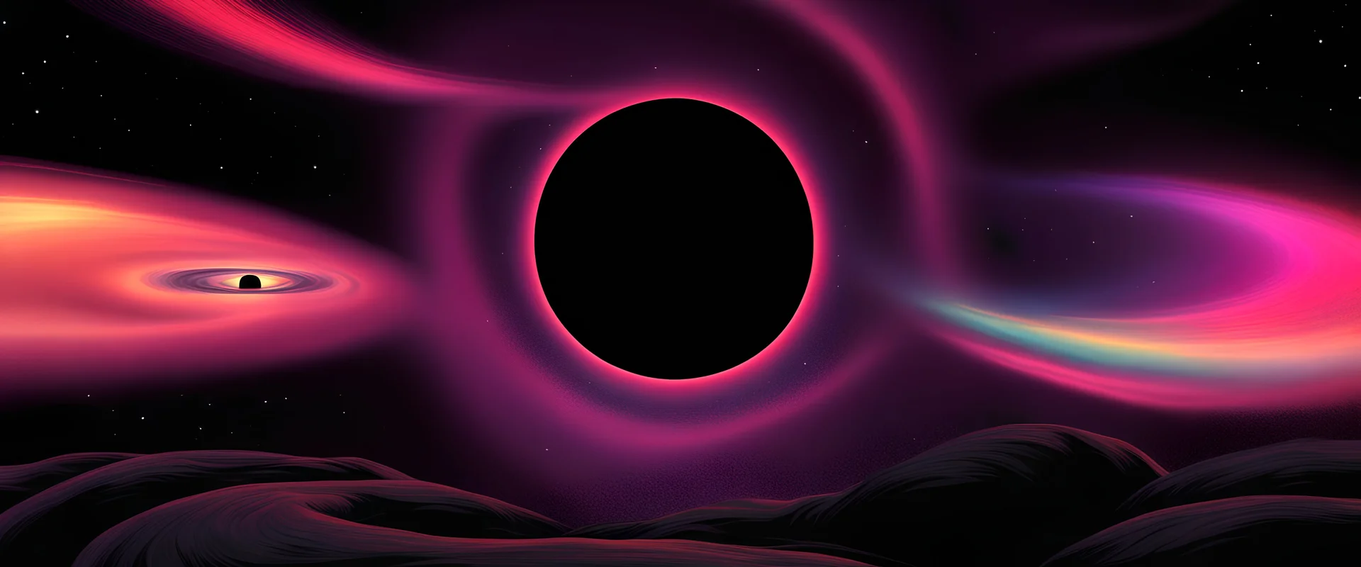 orbiting a black hole from a trillion miles away, peaceful, colorful, dark, ominous, beautiful abyss,