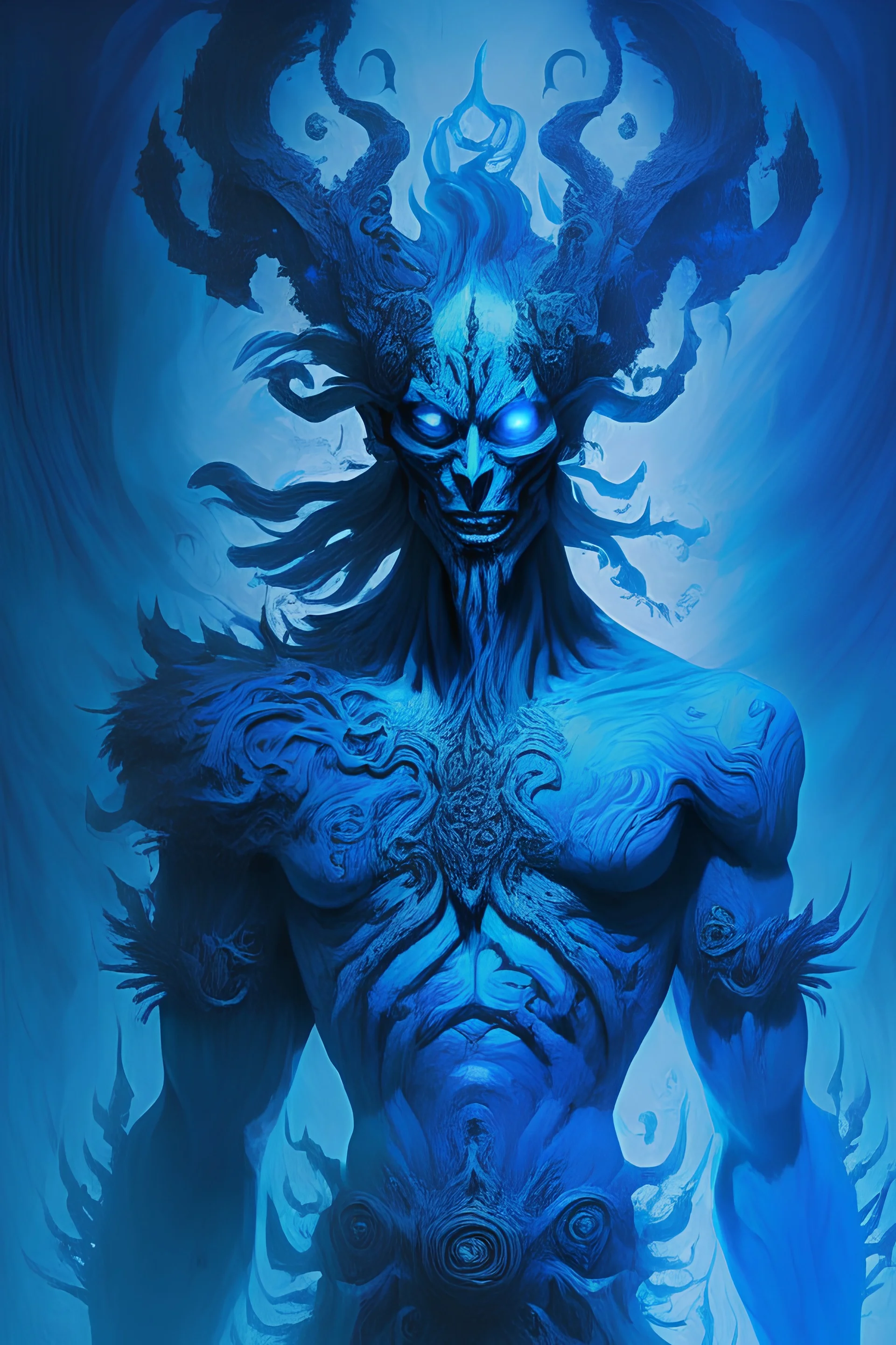 Create a captivating artwork that depicts the concept of a "Blue God of Death" who evokes a sense of fear and awe. The deity should possess an otherworldly presence, radiating power and darkness. Use a combination of vivid hues of blue and contrasting shadows to emphasize the ominous nature of this divine entity. Whether it takes the form of a colossal figure looming over a desolate landscape or a spectral being haunting the depths of the ocean, your task is to capture the essence of this haunti