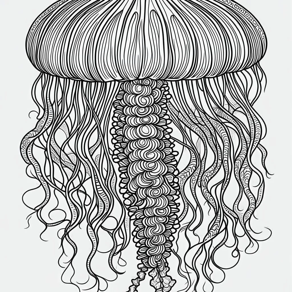 Jellyfish, mandala, minimal lines, cartoon, white back ground color, real style, realistic, minimalistic, minimal black line art, line art, crisp line art, unique coloring sheet, outlined, outline, crisp, crisp line edges, illustration, thin lines, crisp clear lines, line art, clean line art, unique, 8k, amazing, masterpiece, no colors, no dark color, no black color, avoid thick black, minimalistic line edges, pure white back ground, image character full fit to page,