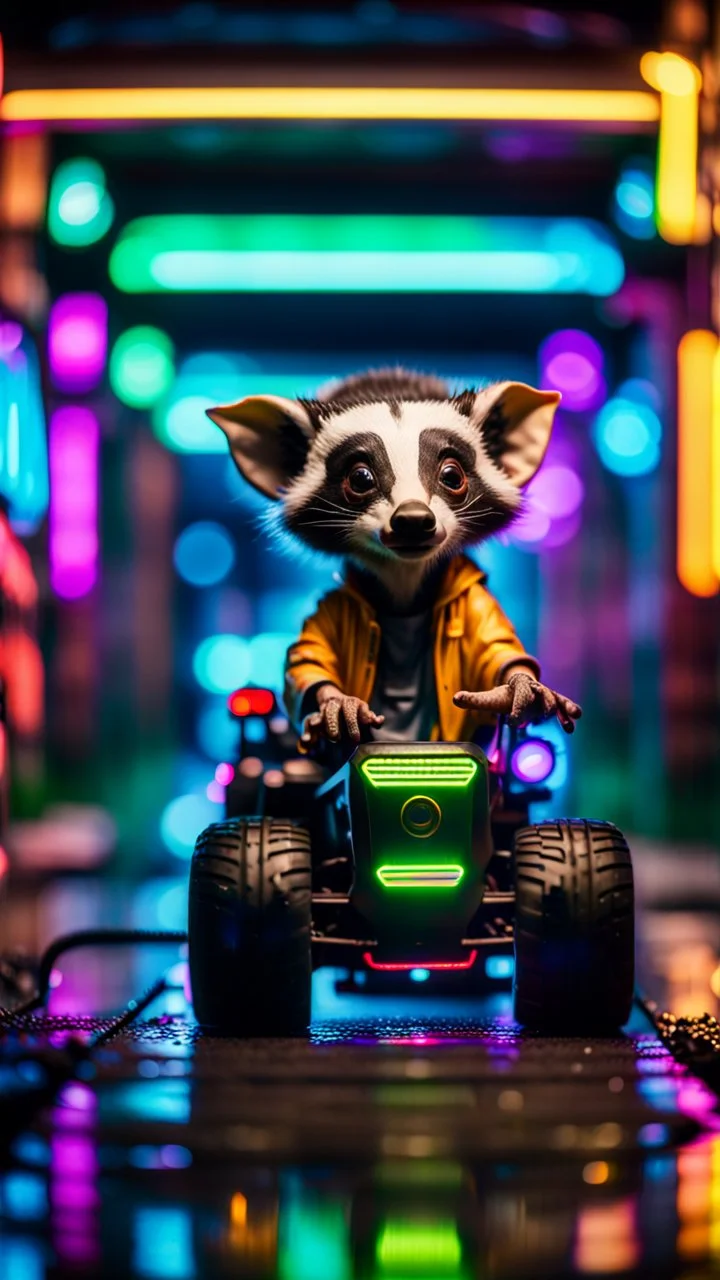 portrait of badger Gremlin myth buster pimp ninja yoga cyber punk in flying hipster lawn tractor parked in dark neon lit reflective wet arcade hall tunnel,bokeh like f/0.8, tilt-shift lens 8k, high detail, smooth render, down-light, unreal engine, prize winning