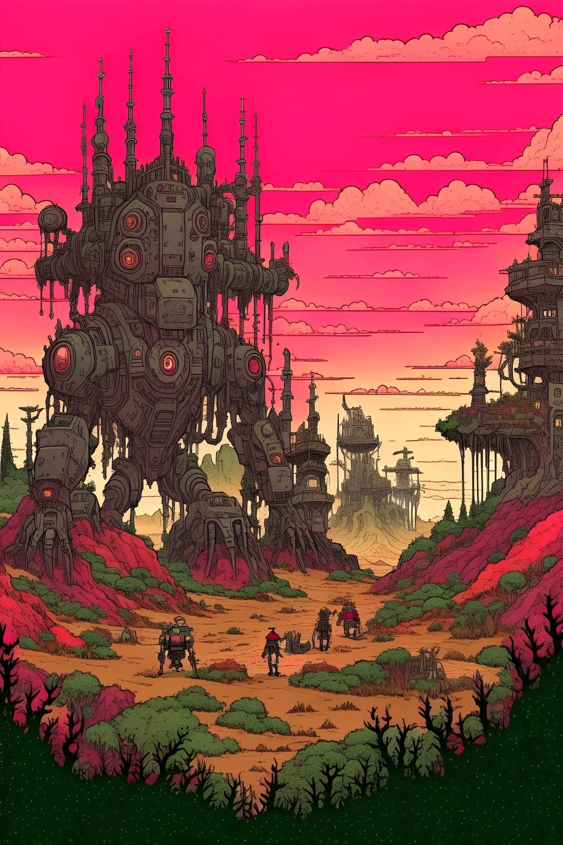 landscape of dead monsters and machines in an anime style
