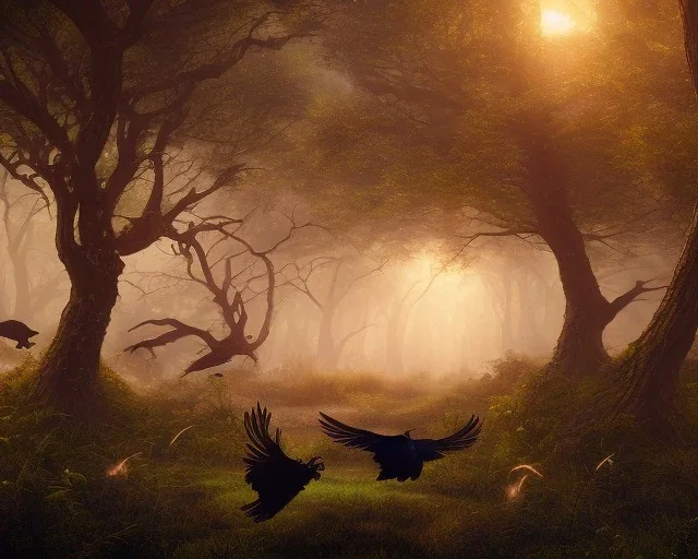 landscape, forest, ravens flying, hyperdetailed, 8k resolution