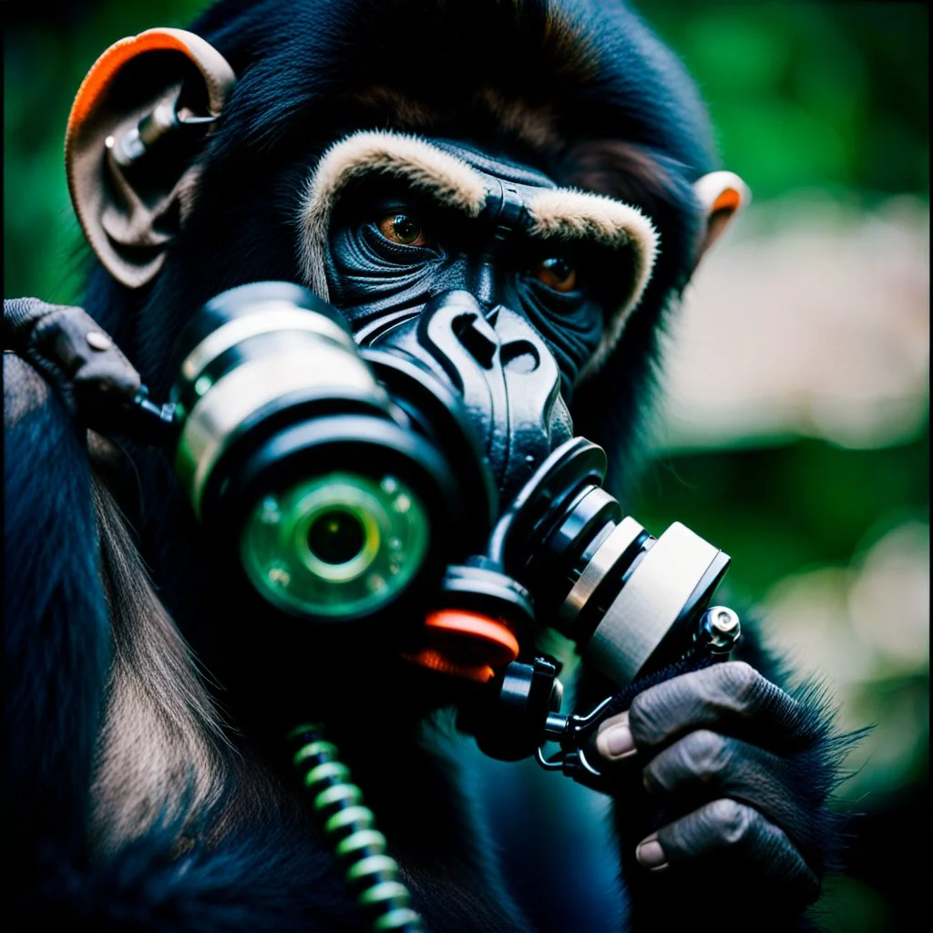 Ape, Primate, hominid, breathing device, respirator, Dystopian, Extreme depth of field, bokeh blur, Alberta, all-natural, in the style of candid, Fuji Film, Anamorphic lens