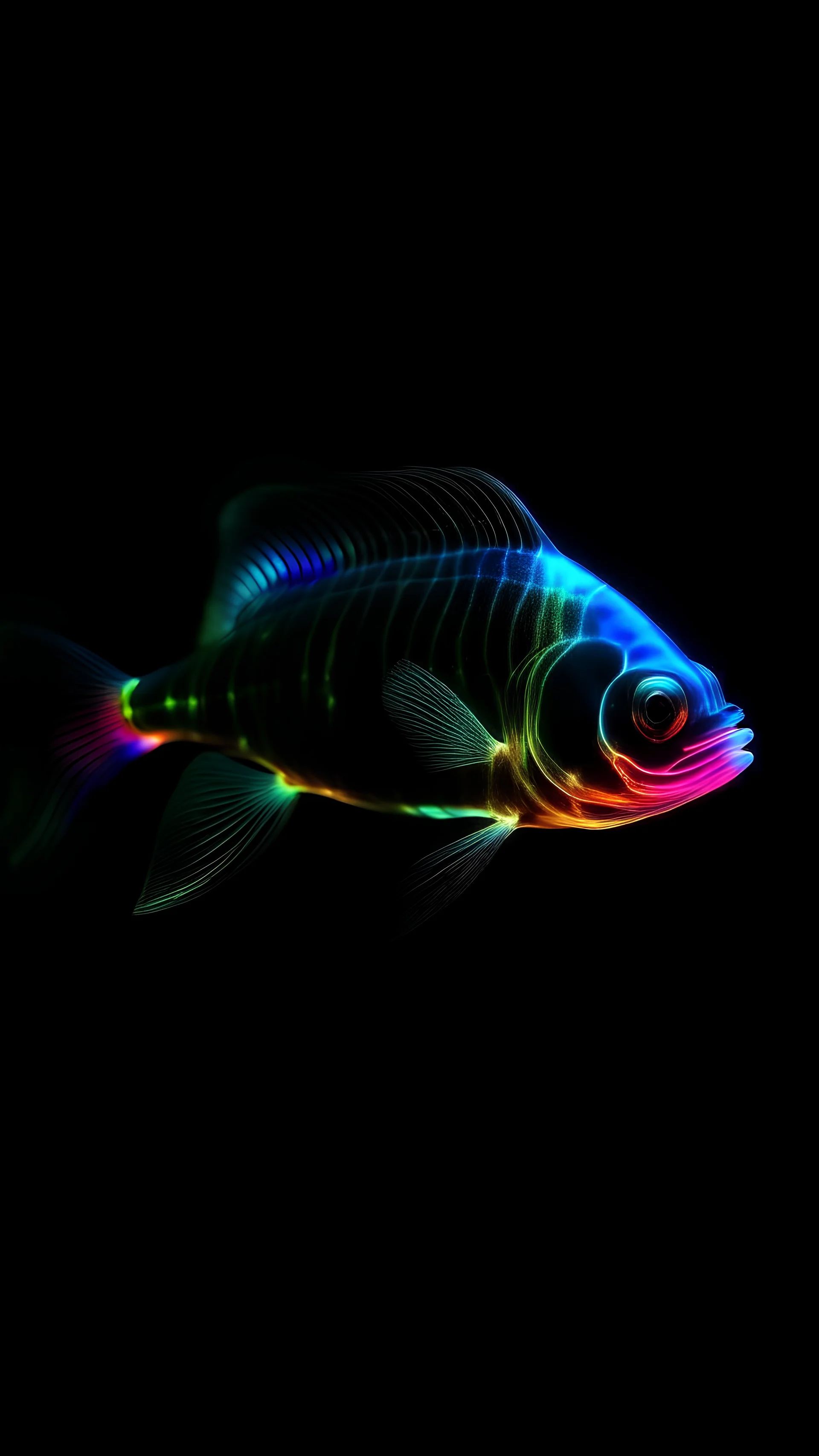 a fantastic and wonderful multicolor Bioluminescent aquatic fish like creature from the abyss on a plain black background