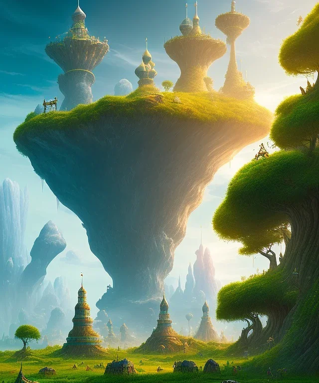 giant object with tiny people looking up at it , foreground, middle ground, far ground* Fantasy world landscape