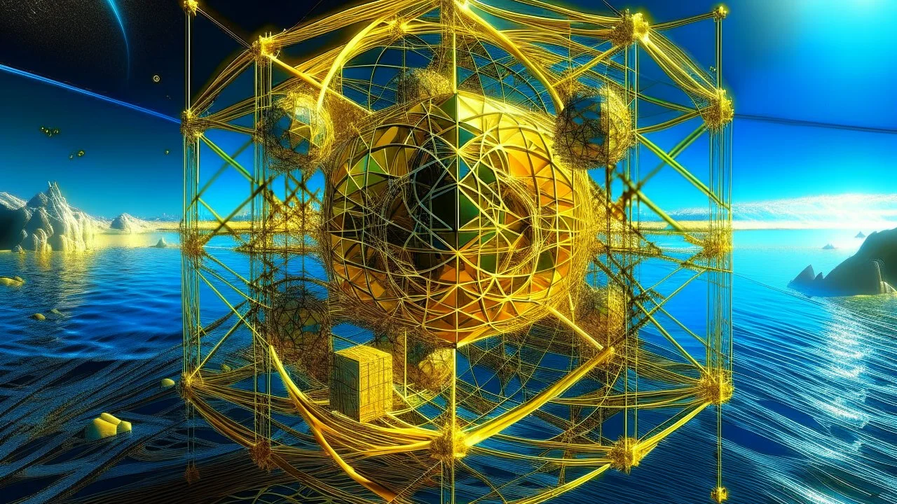 quantum Hypergeometry golden ratio maldelbrot supradimensional floating city over Jupiter ocean life creature intelligent tesseract