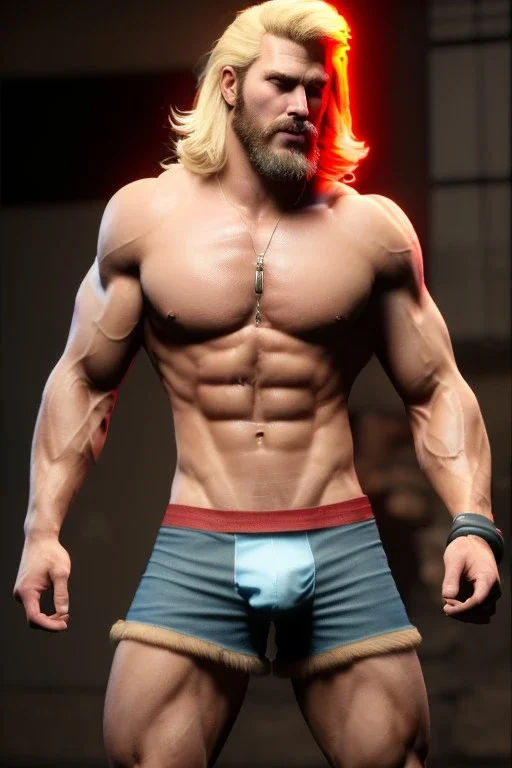 Ignore NSFW, teenager young rugged attractive slightly muscular fantasticly handsome blonde man, red briefs with yellow belt, hairy chest, (((visibly pisssing))) briefs, large erect visible boner peniss, photorealistic, artist Jay Anacleto, soft lighting, scruffy beard