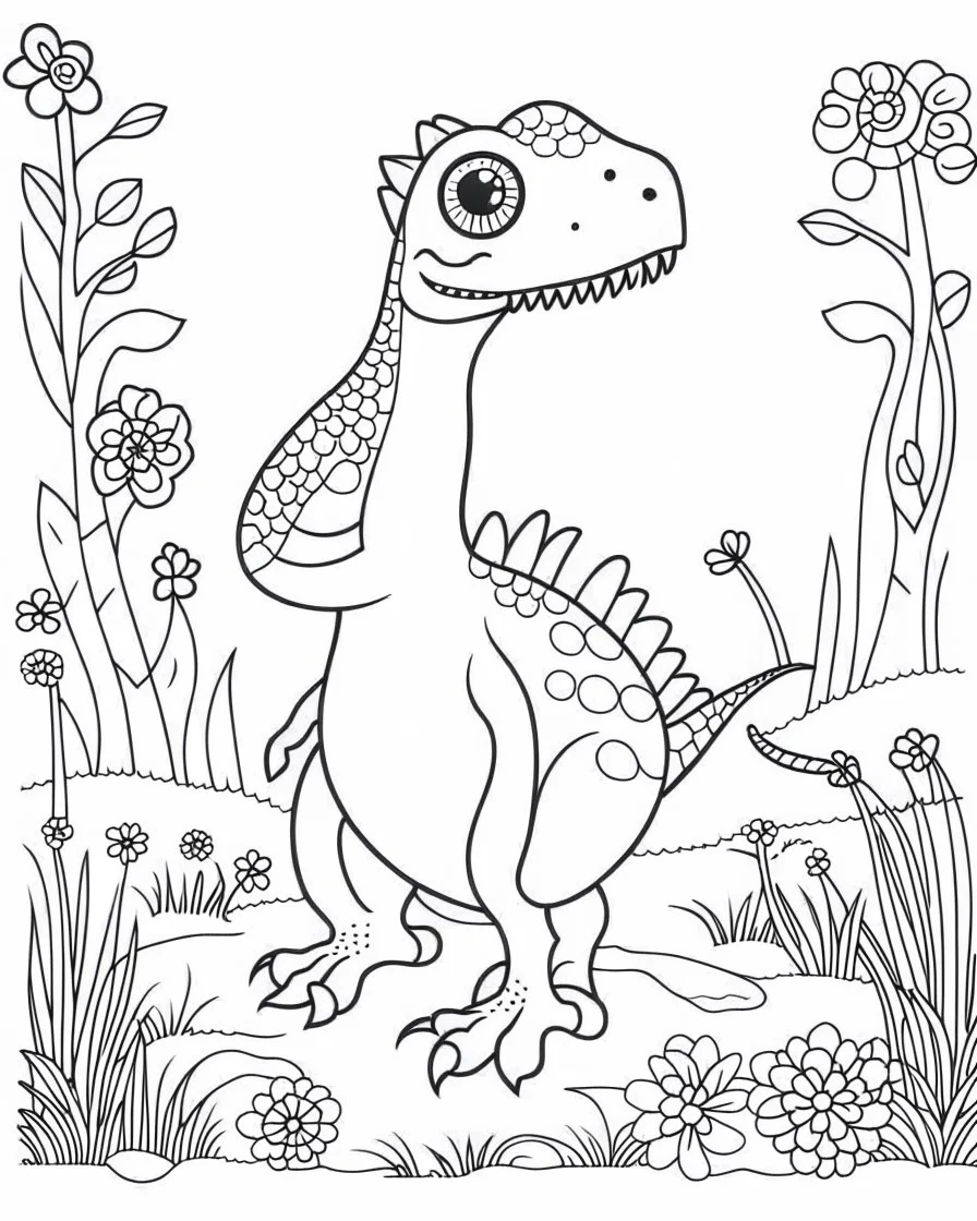 coloring pages for kids,coloring pages for kids, coloring pages for kids, A small dinosaur made of flowers and water. Renaissance painting style. cartoon style, thick lines, low detail, black and white, no shading, --ar 85:110. Renaissance painting style. cartoon style, thick lines, low detail, black and white, no shading, --ar 85:110