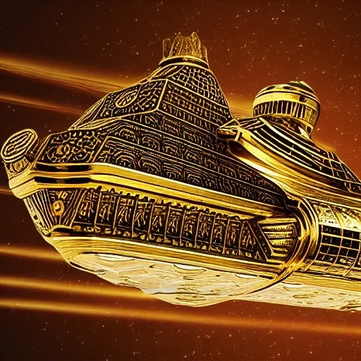 huge ornate spaceship made of brass flying through space, on fire