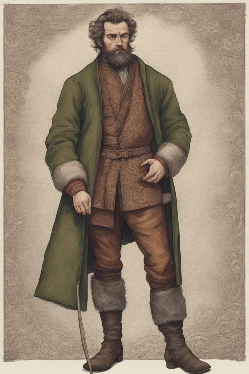 man, medieval, fighter, russian, croocked nose, czar, rich, simple clothes, short messy hair, thick beard, oligarch, brocade coat with fur, brocade clothes, pencil drawing, muscles, 20 years old, medival leather bootsspitz, gewand aus seide