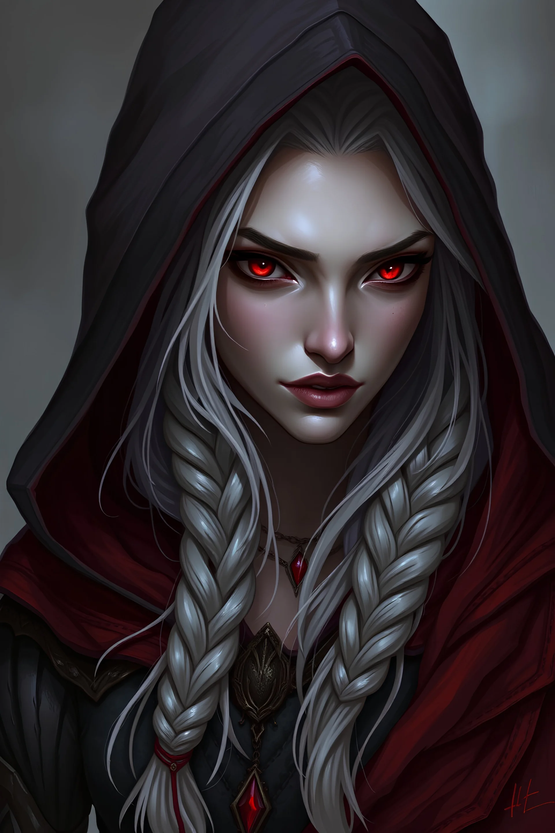 Female woman dark elf sorcerer sorceress sorceress white hair, gray skin, red eyes, drow, dungeons and dragons, shadow hooded mean evil mad braid