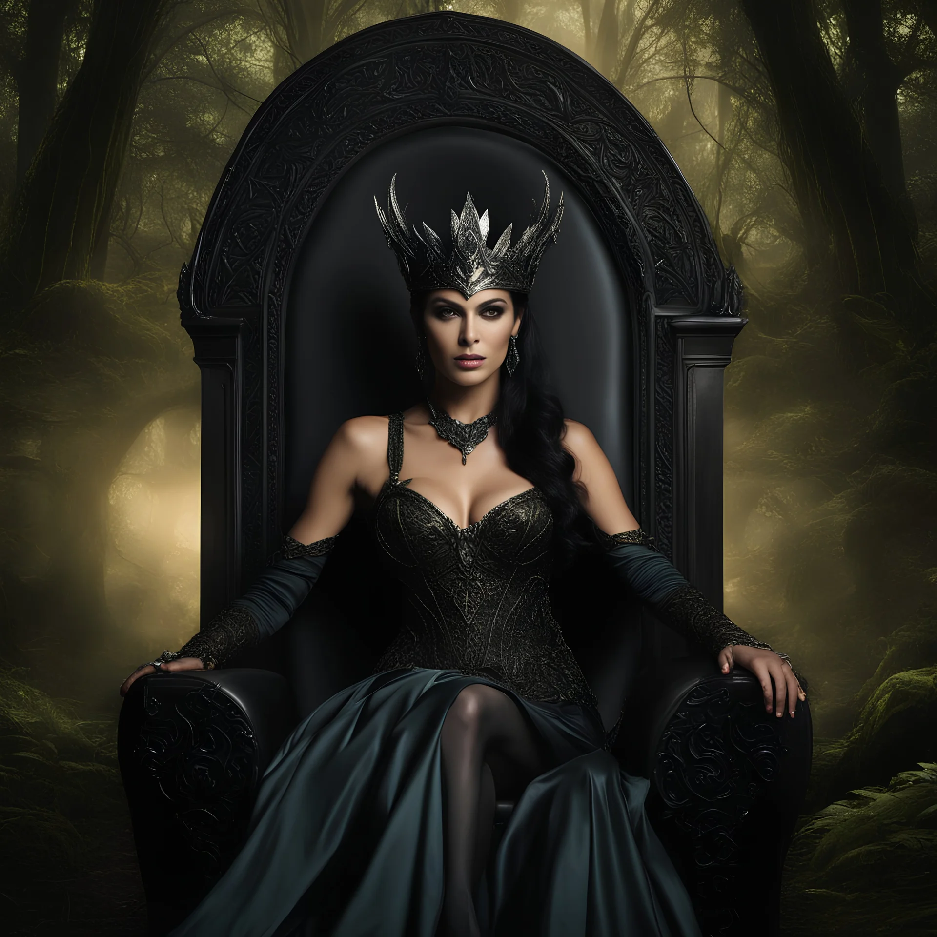 Morena Baccarin as a beautiful sexy dark elf queen seated elegantly on a throne in a mystical forest, dark celtic vignette frame, photo-realistic, cinematic lighting, award-winning photography