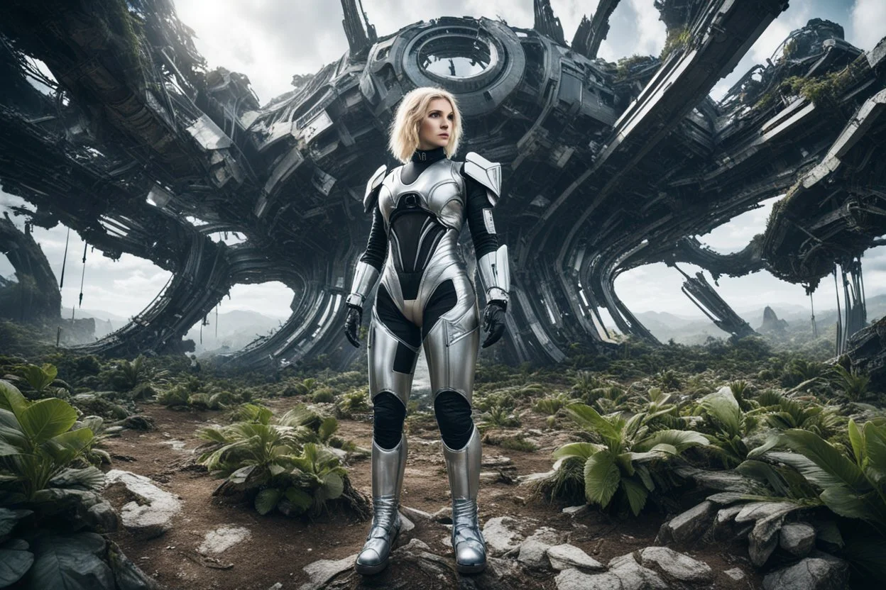 Wide angle photo of a slim sci-fi woman with blond hair, wearing a silver and black futuristic spacesuit looking android-like, standing on a derelict alien cloud tree jungle planet