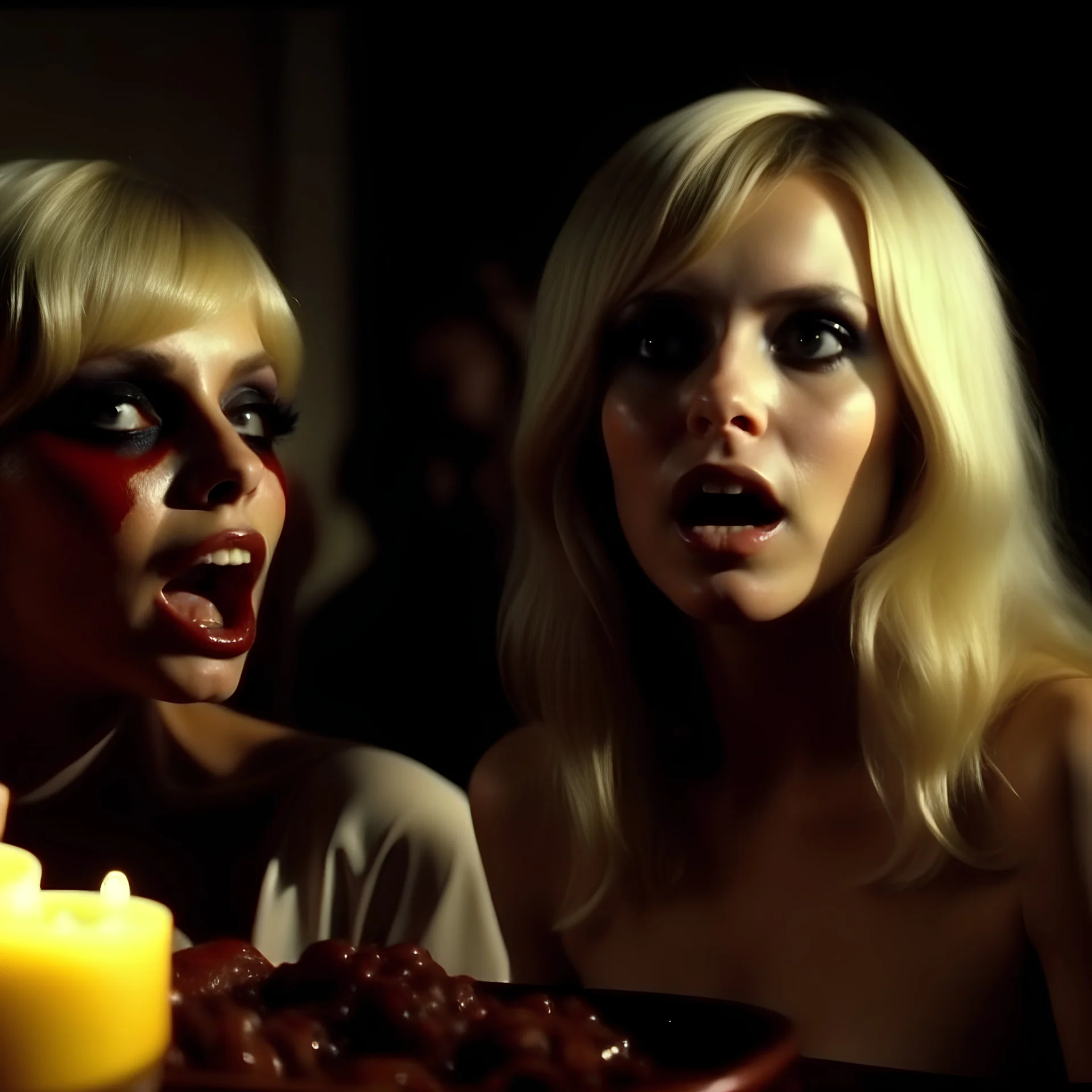 Horror movie shot, hot party, die, ultra realistic, dine, pastel, ultra chaos, realistic hot blonde women, pieces of meat, monster, horn, satan, pieces of organs, hot dynamic, they come, light, 1970's Italian horror movie, sinister, Dario Argento, Stanley Kubrik, ornate, 4k, photorealism