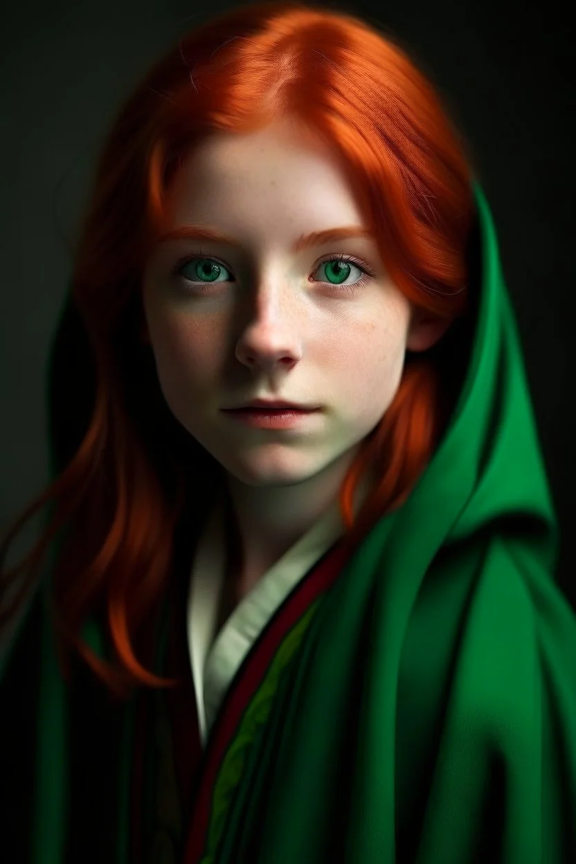 A girl with red hair and green eyes and she is wearing a hogwarts robe