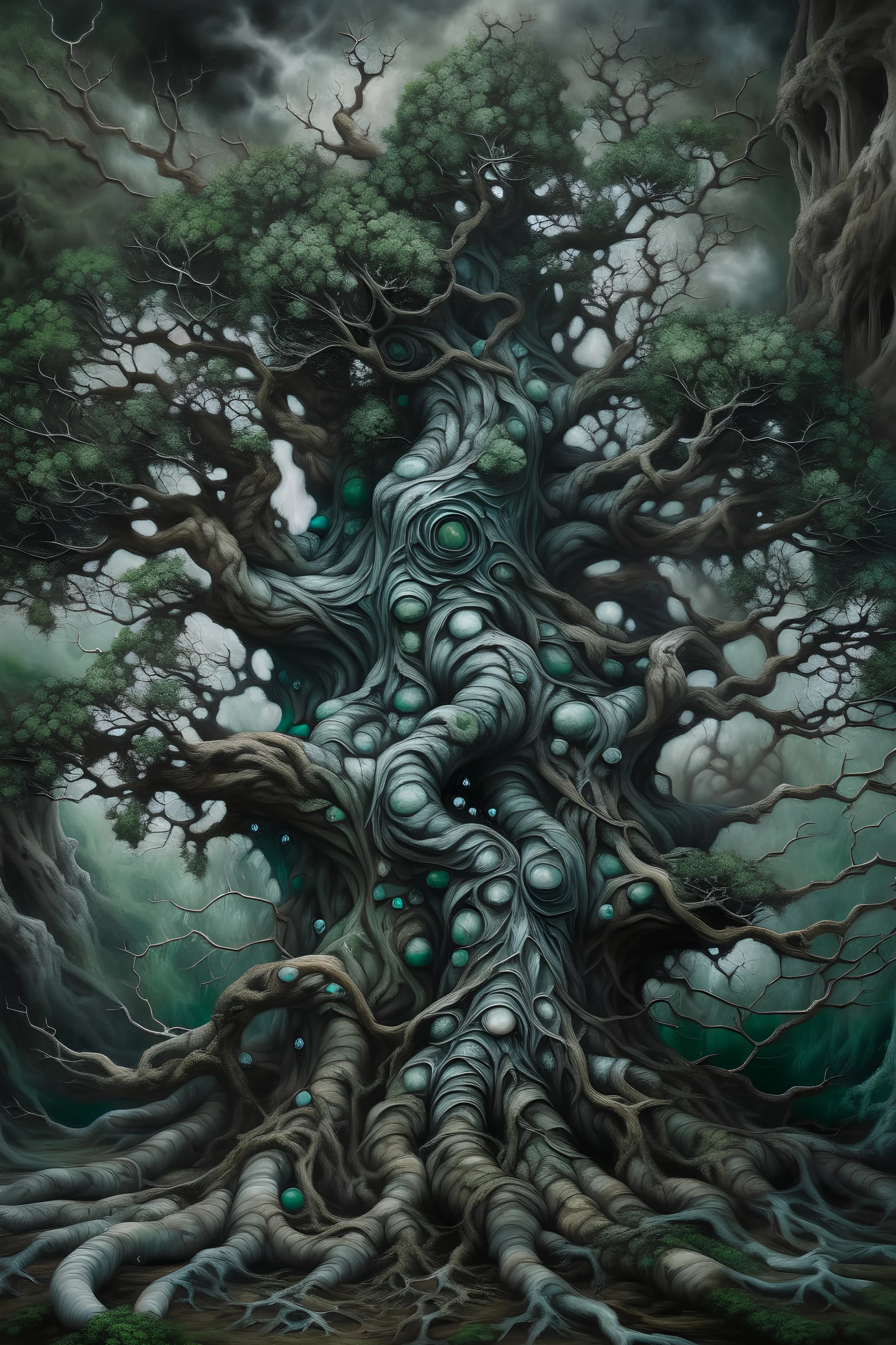 a painting of a tree in the style of beautiful grotesque, hyper-realistic, hyper-detailed, portraits, pale malachite and dark gray, ratcore, onii kei, emotional sensitivity, visceral art