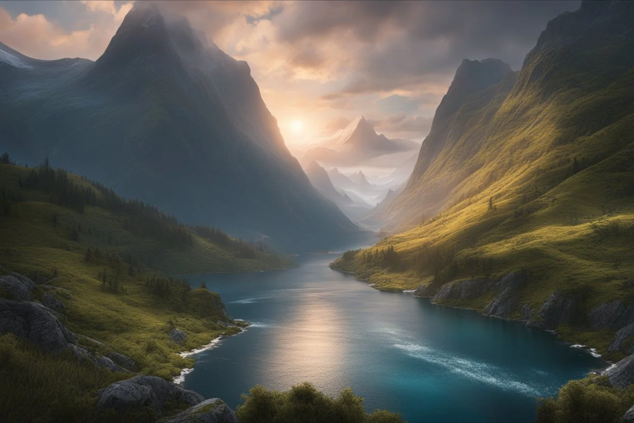 A fjord through immense mountains. fantasy concept art, exquisite realism, a masterpiece, dynamic lighting, hyper detailed, intricately detailed, deep color, Unreal Engine, volumetric lighting , Epic cinematic brilliant stunning intricate meticulously detailed dramatic atmospheric maximal,