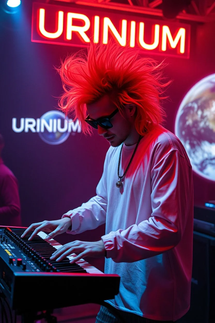 French cool synth player with crazy techno acid hair, he is called "Jean-Maurice Brûlée" performing at dance club, his name is "Jean-Maurice Brûlée" , white and orange Neon lights and oraNGE smog, and "URINIUM" big sign on the wall, he is playing on synthesizers on stage with lot of laser beams and wearing black sunglasses, an earth is projected in background