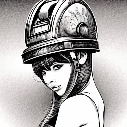 great illustrator, spanish, pencil sketch of a cute girl, beautiful, steampunk syle, black and white. Helmet with tubes. Machinery in the background. High details.