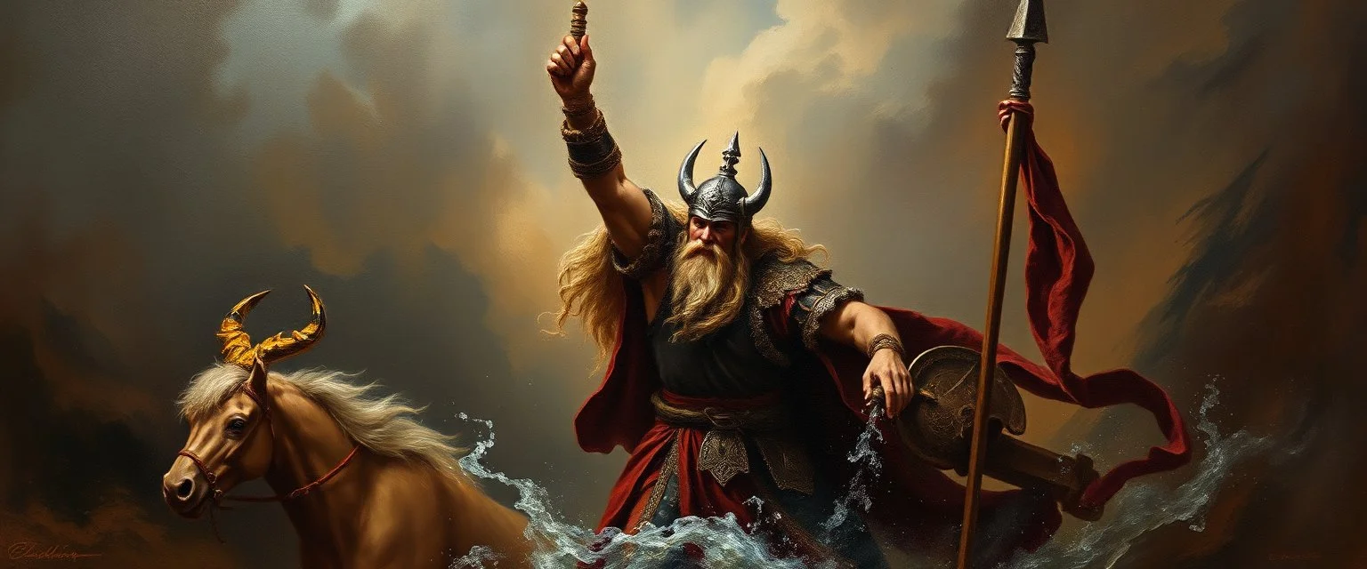 master oil painting by Rembrandt, bollywood vikings, veda, mythic