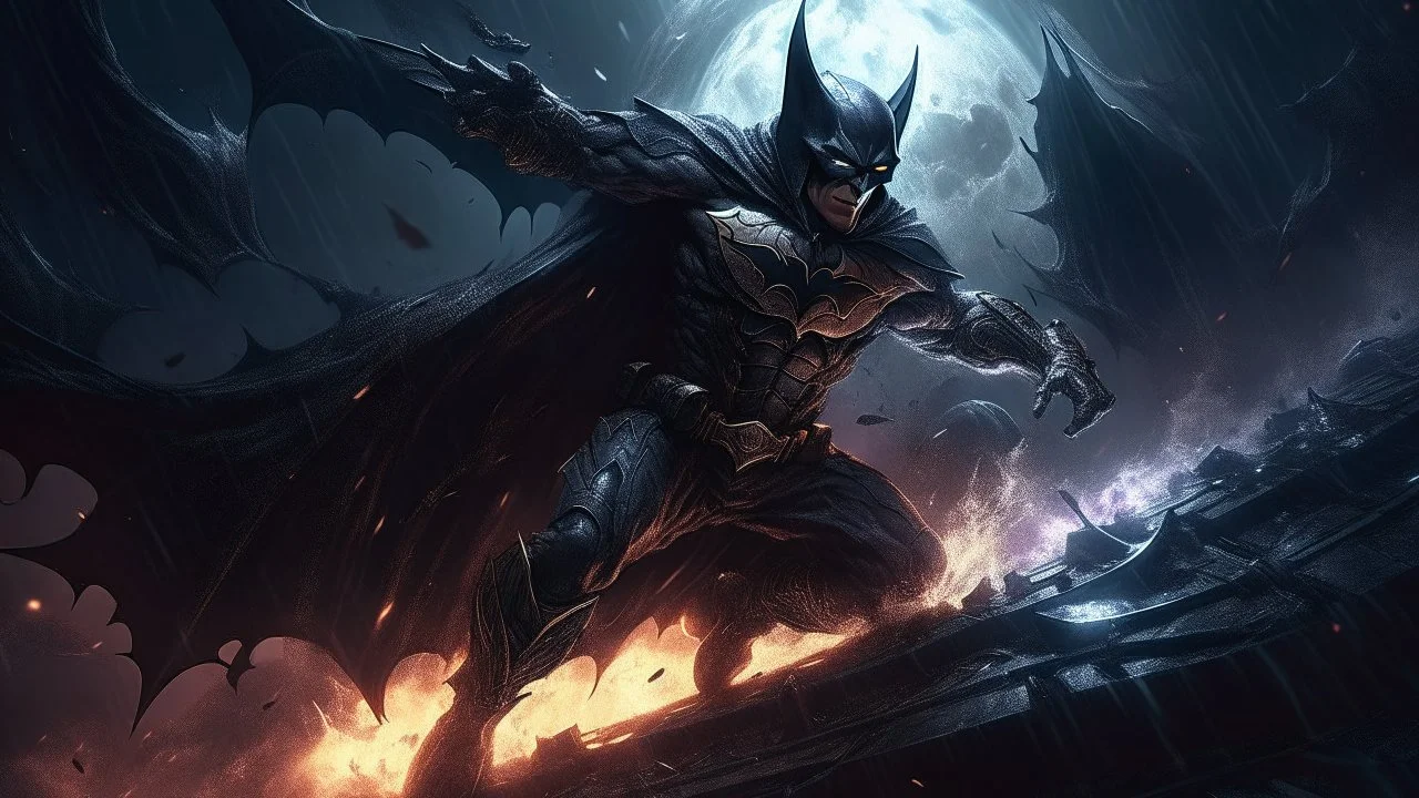 Demonic Batman with dark aura around, agressively spinning around in circle with his claws creating blasts of wind and an aura explosion, torned clothes flying in circle, wearing cybernetics enhancements, occult symbol under him on the ground, epic dynamic composition, dark cityscapes background, Artstation, HDR, colorful shot, intricate details, cinematic, detailed, stormy weather, detailed art deco ornamentation, flying debris, Carnage Style, red, intensity