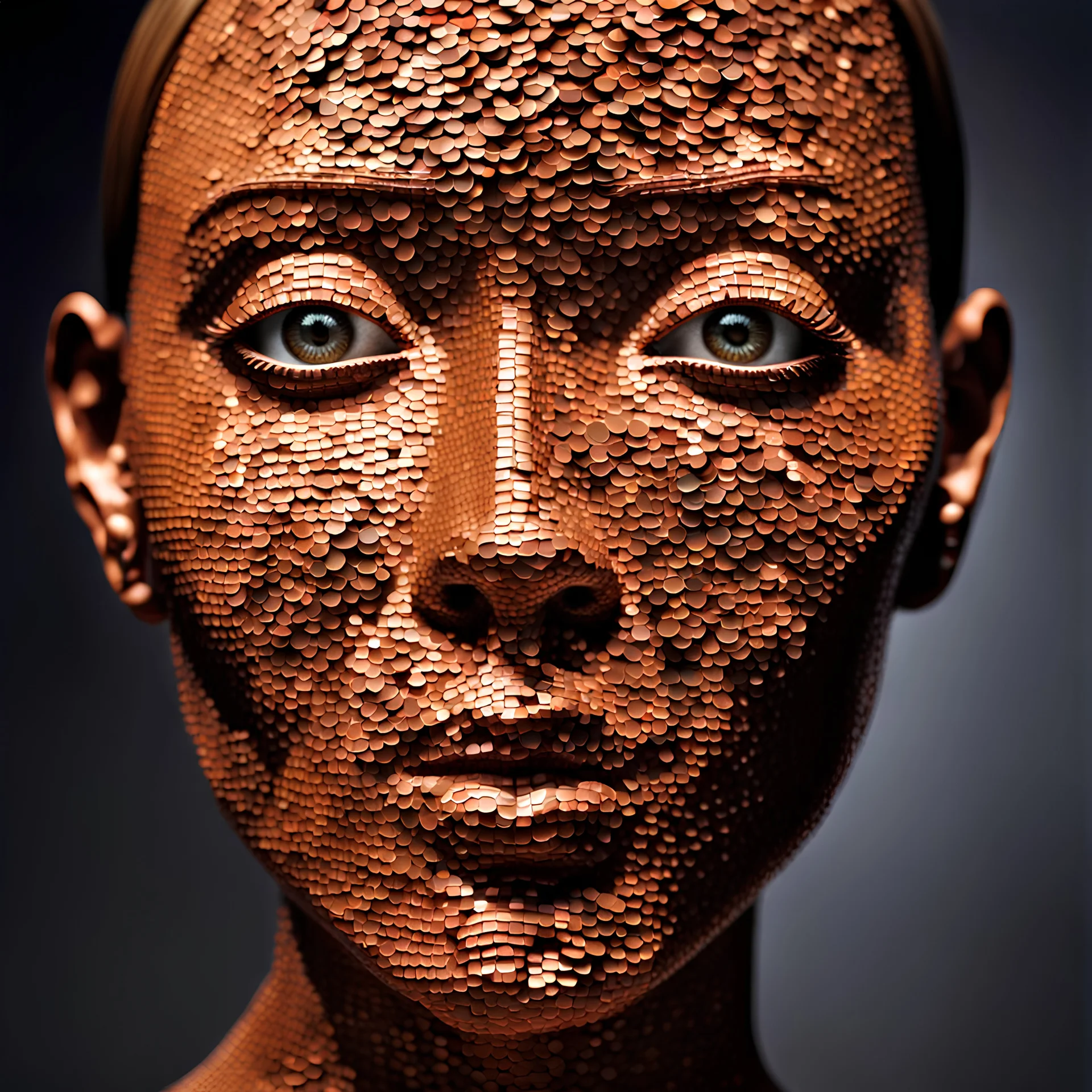 a realistic human face made entirely from pennies, photography, dramatic lighting