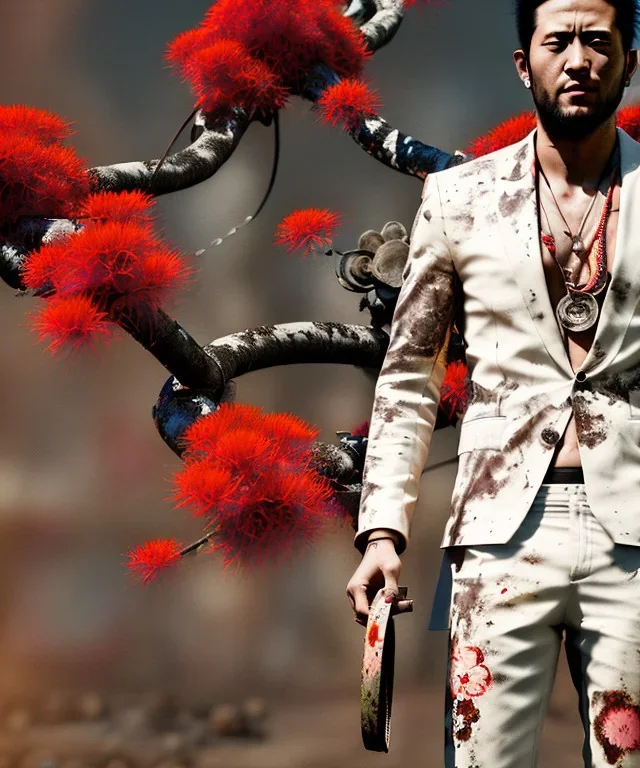 an abstract painting of rusted metal and flowers, Samurai, Geisha style, 8K, a Highly detailed stunning portrait of Dom man holding a woman by the chain, realistic face, white suit, beard, and short hair, bad boy