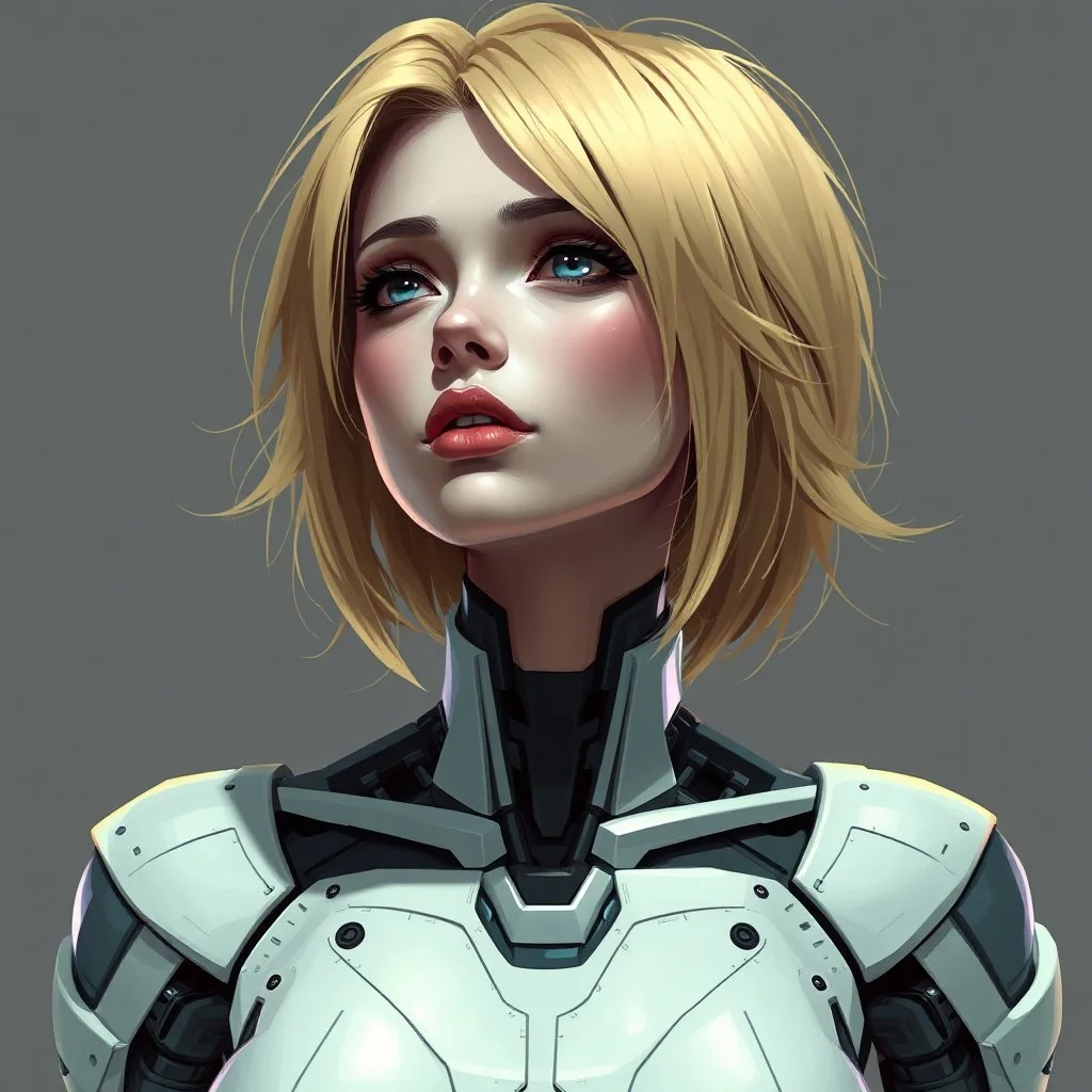 a pretty woman, blonde hair, robot torso, contemplative, cyberpunk, digital art, stylised