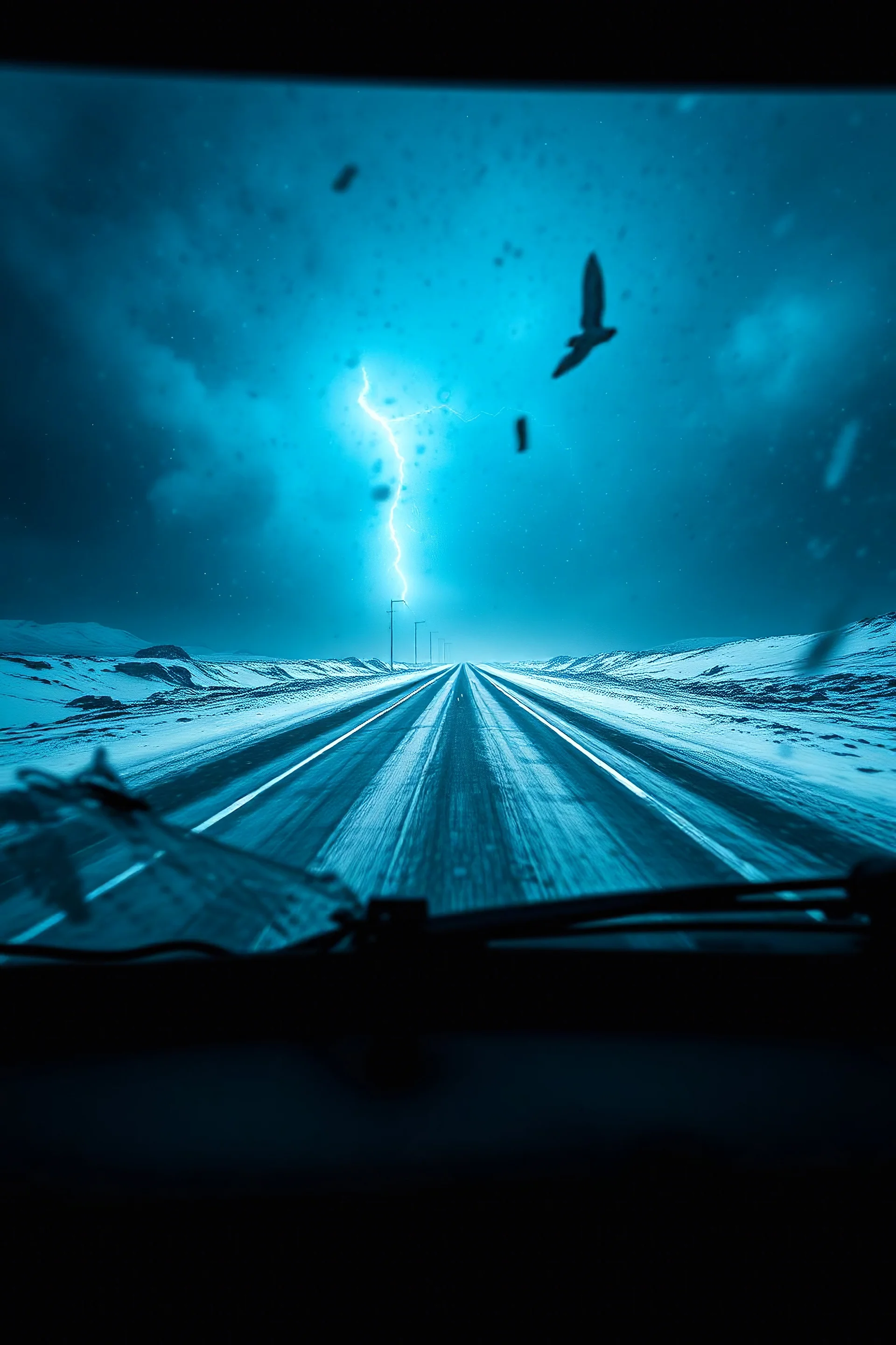 surreal road in space seen through a dirty truck front window, dirty blue snow and wind